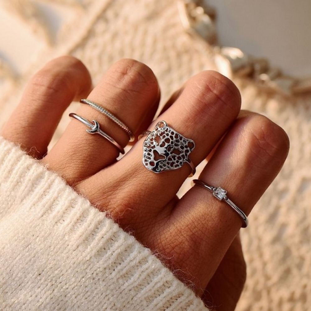 New Beautiful Crystal Silver Baby Leopard Ring Set